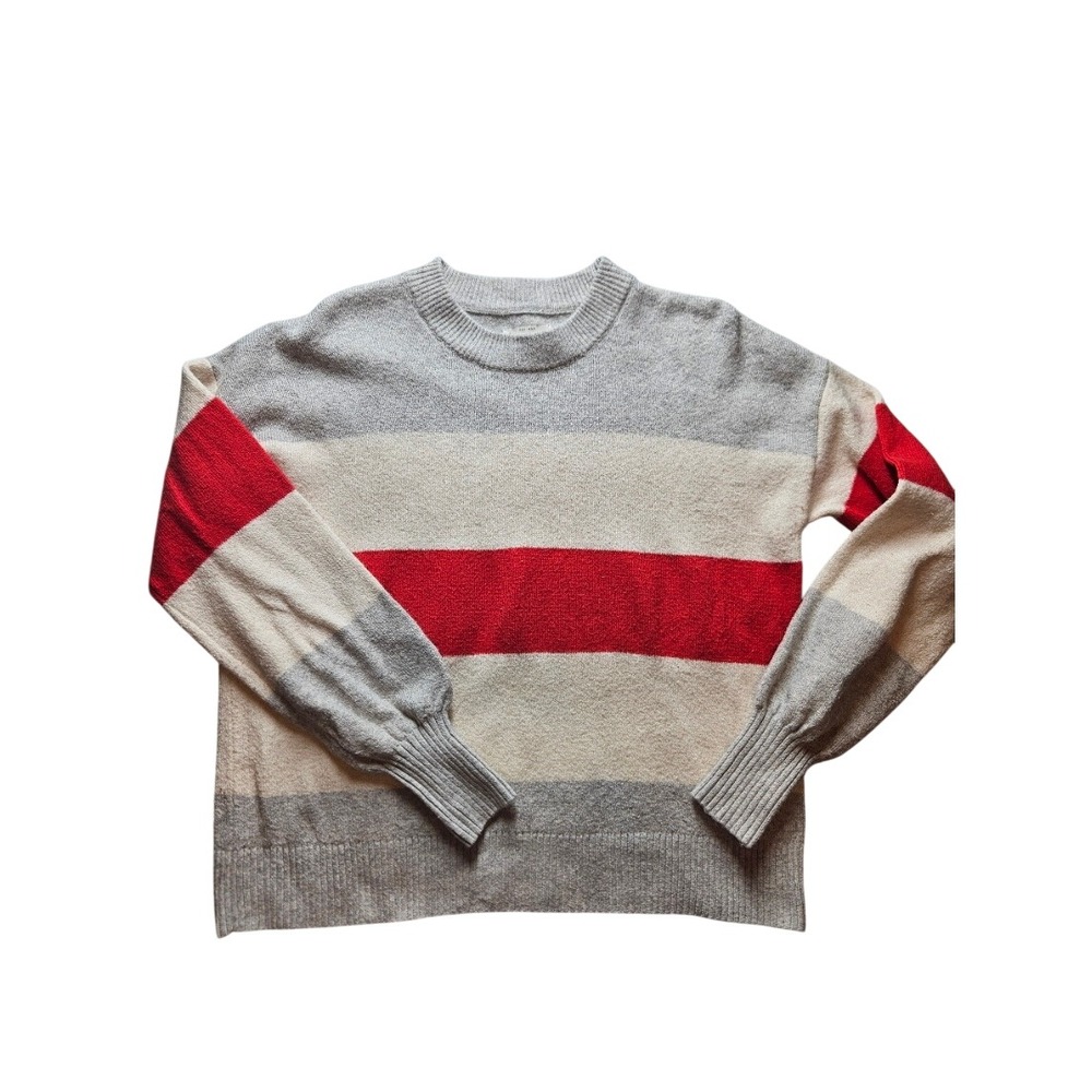 Lucky Brand Womens Colorblock Stripe Crewneck Pullover Sweater Grey Red Cream S